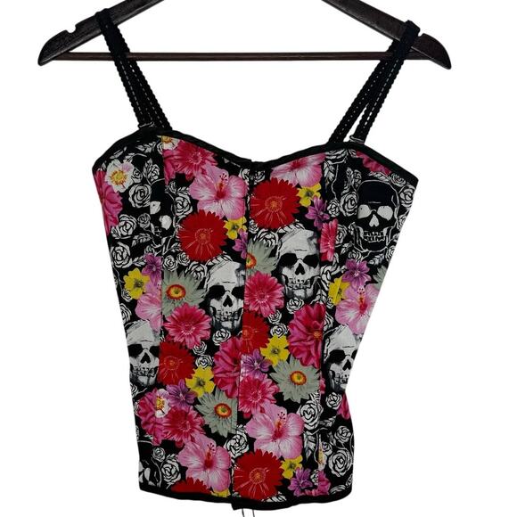 Hell Bunny Floral Skull Corset Top Pink Red Black Lace Up Gothic Punk Sexy Small - Picture 1 of 5